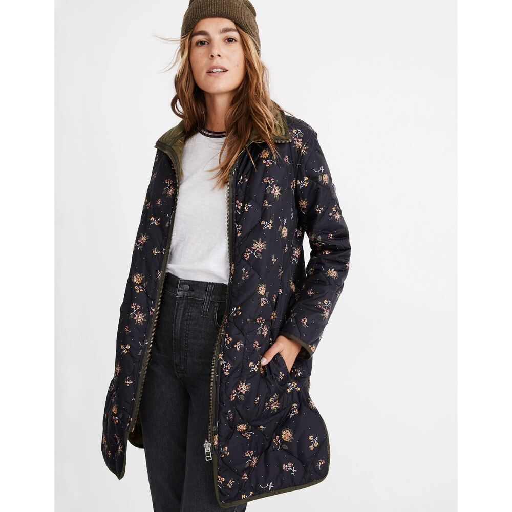Quilted Floral Long Jacket in Navy